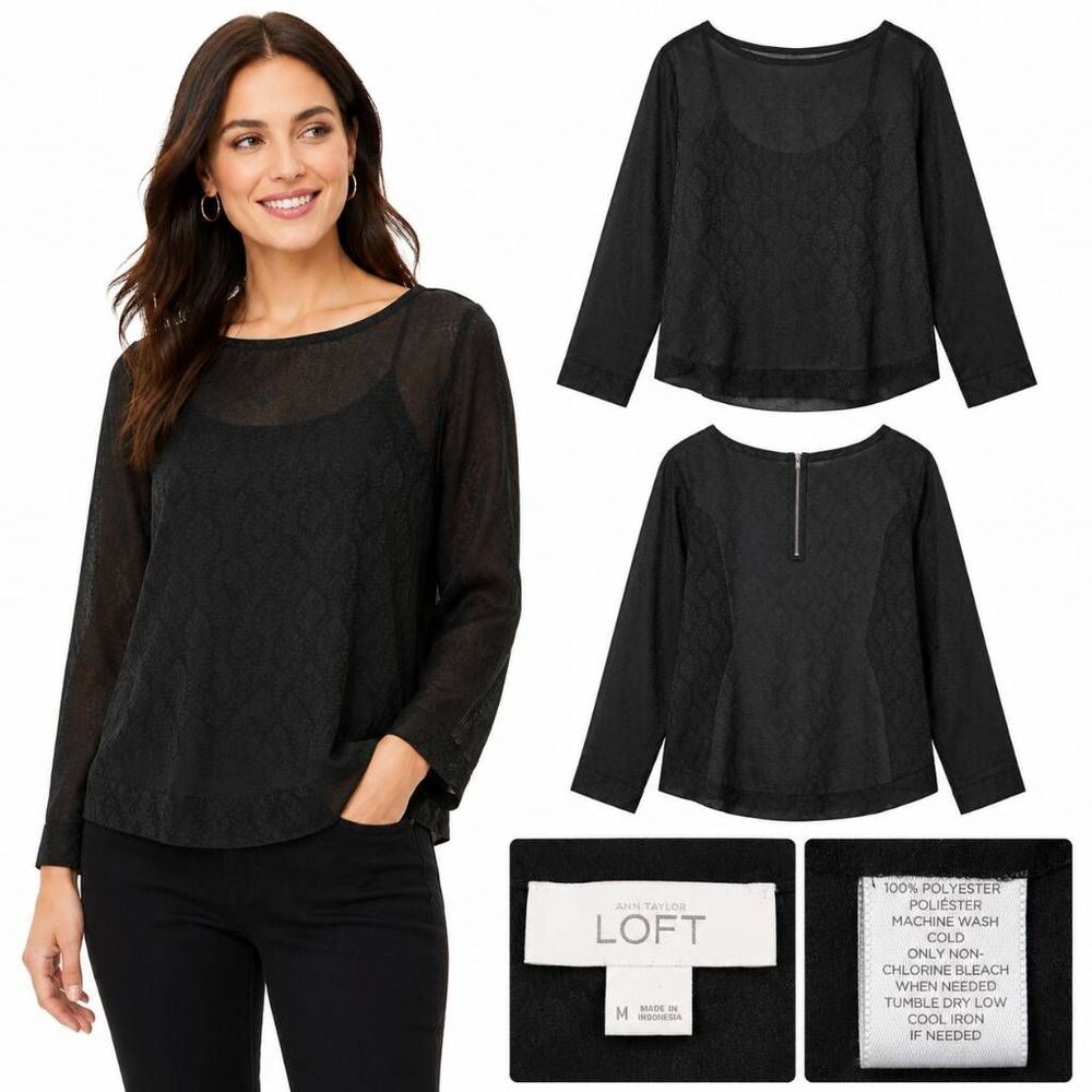 Loft Black Jacquard Long Sleeve Blouse Size M